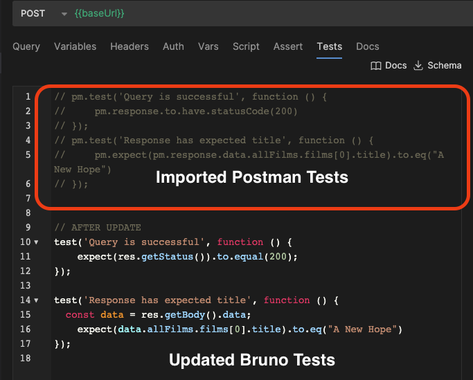 A screenshot showing imported Bruno tests and updated Postman tests for the API testing tools