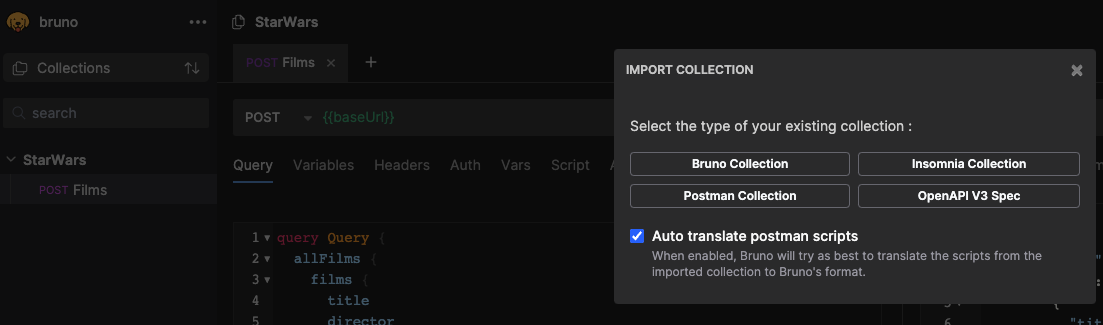 A screenshot from the Bruno API testing tool showing an example of 'importing collections'