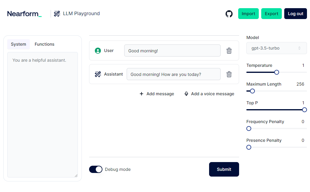 An image of Nearform's Large Language Model (LLM) Playground 