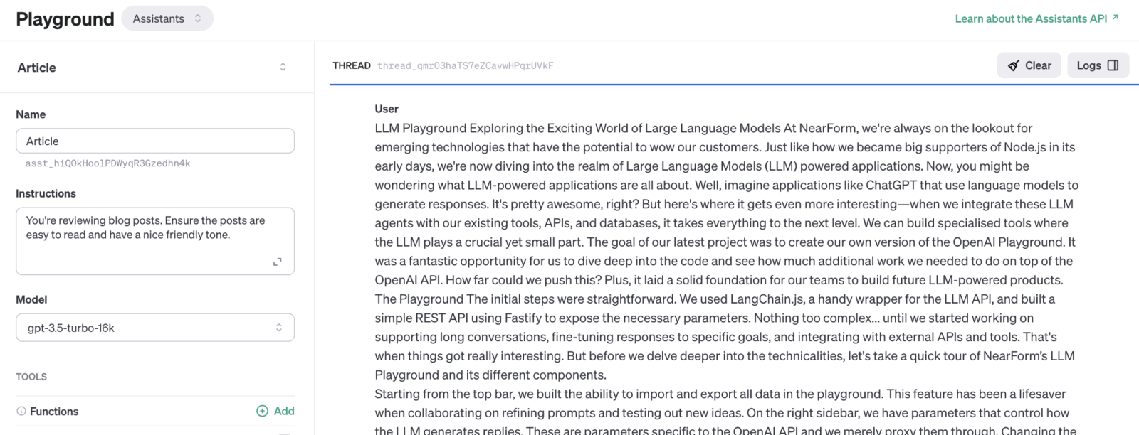 An image of the Assistants API of Nearform's Large Language Model (LLM) Playground