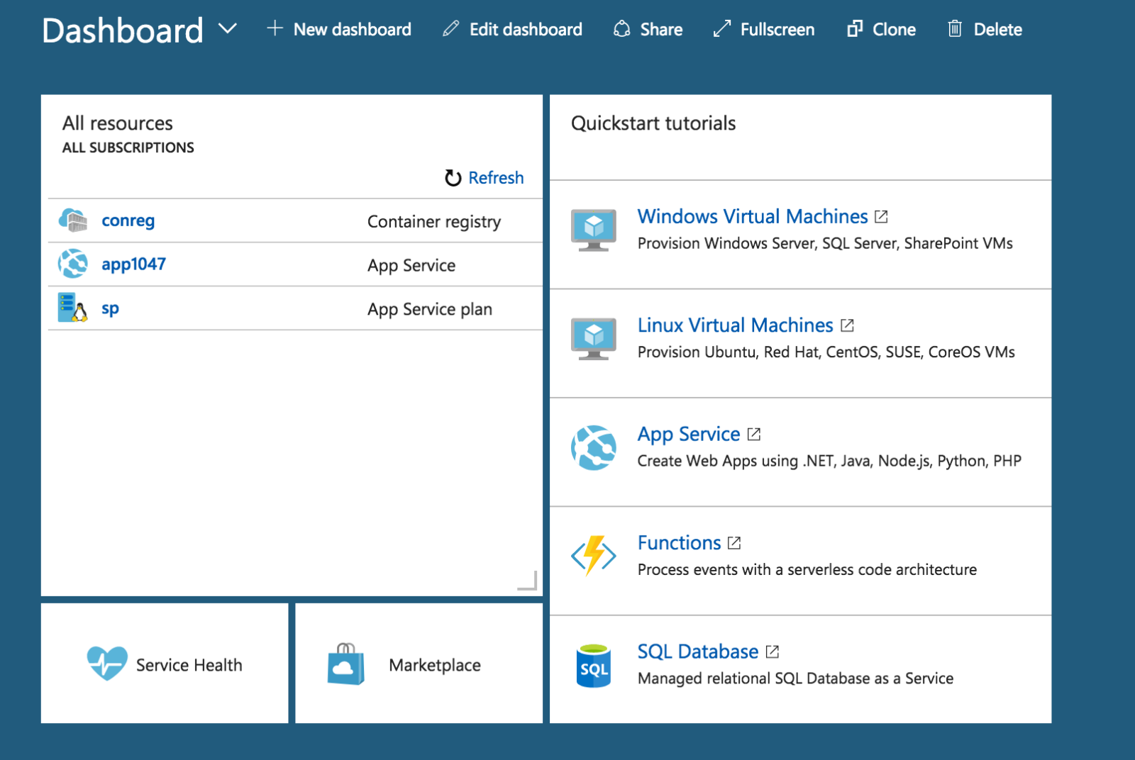 Screenshot of Azure dashboard