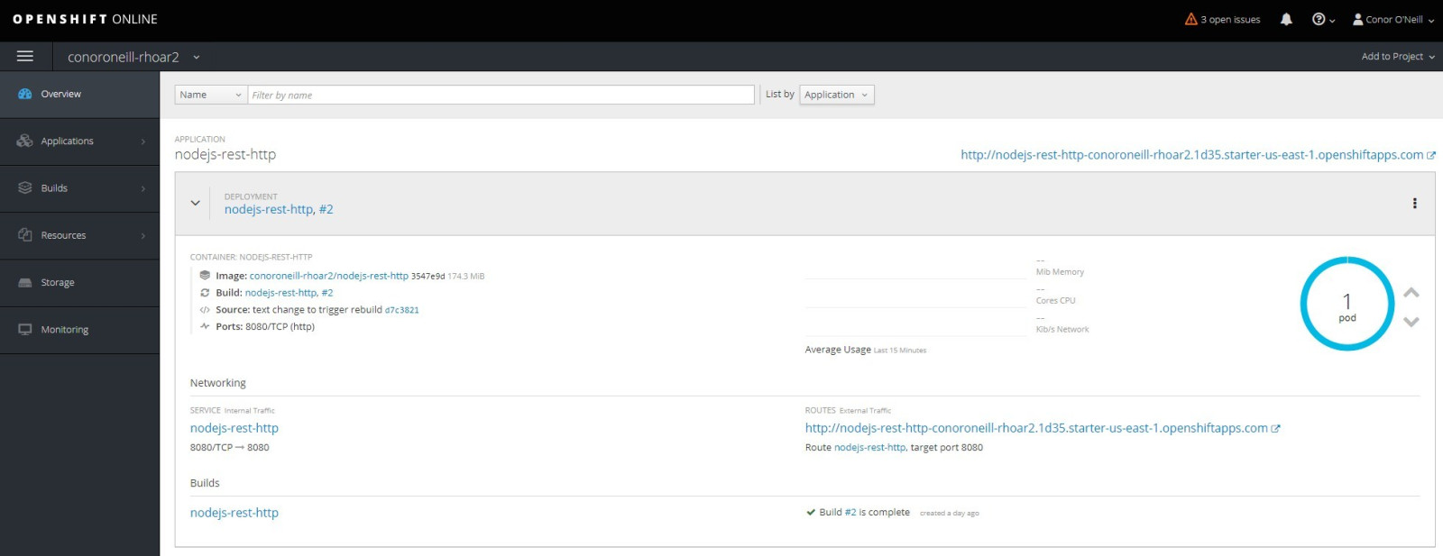 screenshot of OpenShift with nodejs rhoar