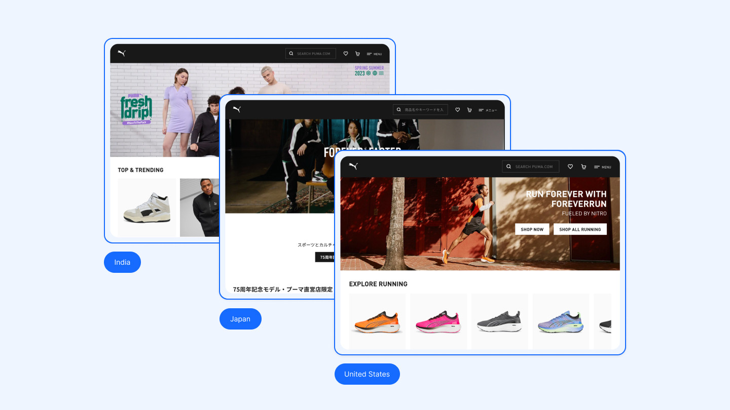 Three tablet devices with the screens showing the webpages for the Indian, Japanese and United States regional versions of the PUMA website.